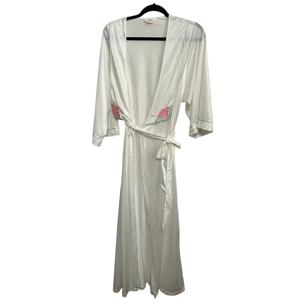 Vintage Val Mode White Nylon Robe Floral Applique Belted Maxi M/L USA Romantic